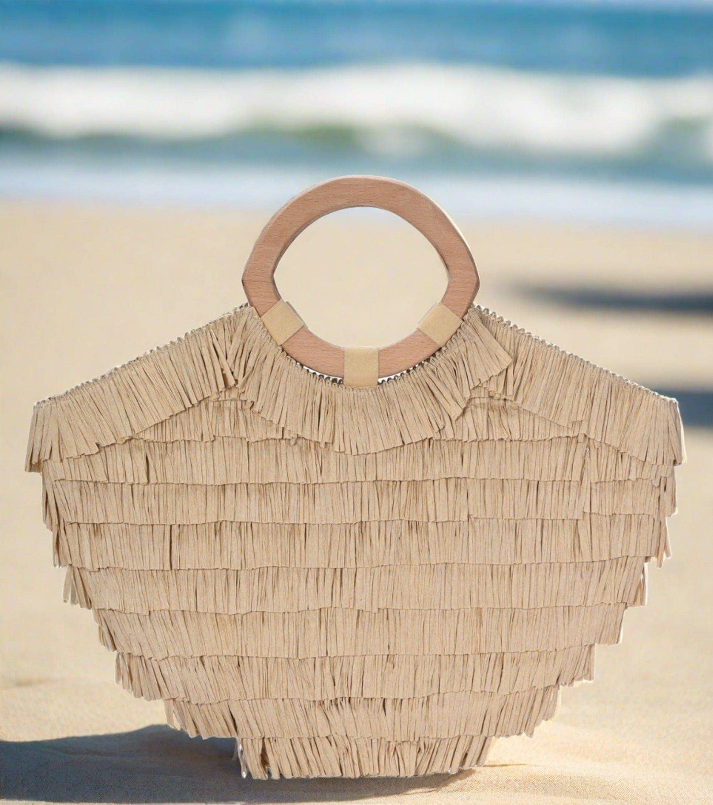 Donna Raffia Ruffle Tote Bag With Wooden Handles: Natural